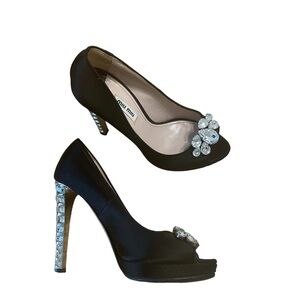 Miu Miu Black Satin Calzature Raso Open Toe Swarovski Crystal 4" Heels